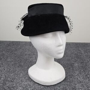Vintage Peachbloom Velour Merrimac Body Black Fur Felt Hat with Veil & Bow